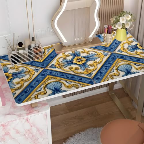 Image of Vintage Blue Yellow Tile Pattern Desk Sticker, Mediterranean Floral Desktop Decor, Waterproof Table Surface Protector for Home Office, 39.37x23.62 Inch