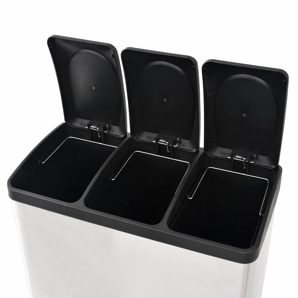 Cubo de basura con pedal de 54 litros, de acero inoxidable, con 3 cubos interiores, con mecanismo de pedal y tapa de cierre suave, color plateado