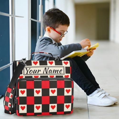 Image of Custom 3 Ring Zipper Binder Red Black Checkered Hearts Personalized Name 1.5 Inch Binders Large Capacity Multi Pockets for School Office Supplies