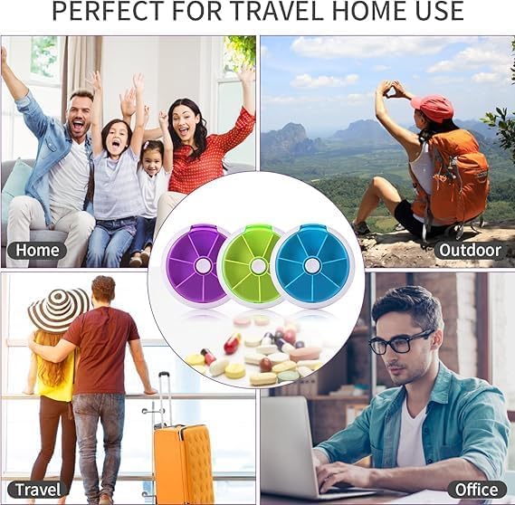 Xeerabdi Travel Pill Organizer–Round Rotating Pill Box with 7 Compartments,Easy Open Lid for Seniors and Daily Medication 4