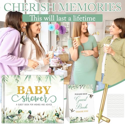 Image of Fuyoooo 27 Pcs Mallard Duck Baby Shower Guest Book Set Baby Shower Sign in Guest Duck a Little Hunter is on the Way Book Place Table Cards with Gold Pen Adhesive Photo Corner for Birthday Party