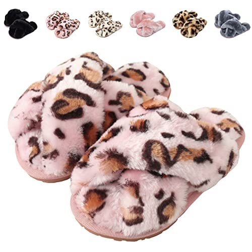 Fadezar Girls Fluffy Slippers Warm Plush Memory Foam Slippers for Kids Cute Leopard Print House Slipper Open Toe Slip on Slider Slipper Pink Leopard UK 9/10 (CN 28/29)