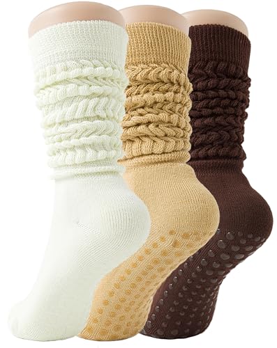 3 Pairs Slouchy Pilates Socks with Grips for Women Scrunch Yoga Grippy Non Slip Long Socks for Barre Workout (CA/US, Alpha, One Size, Regular, Regular, Cream + Khaki + Coffee【Circular gripping dots】)