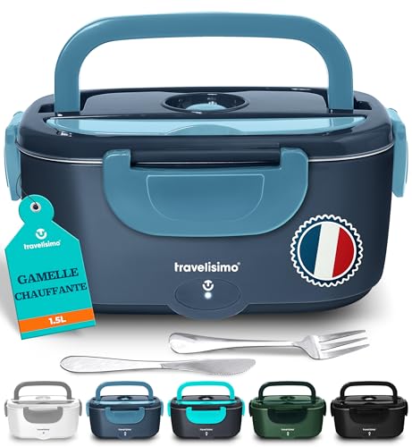 TRAVELISIMO Gamelle Chauffante 80W Lunch Box Chauffante 1,5L Chauffe Plat Electrique 3 en 1 220V 24V 12V, Marmite Electrique, Acier Inoxydable, Chauffe plat Voiture pour Voyage et Bureau