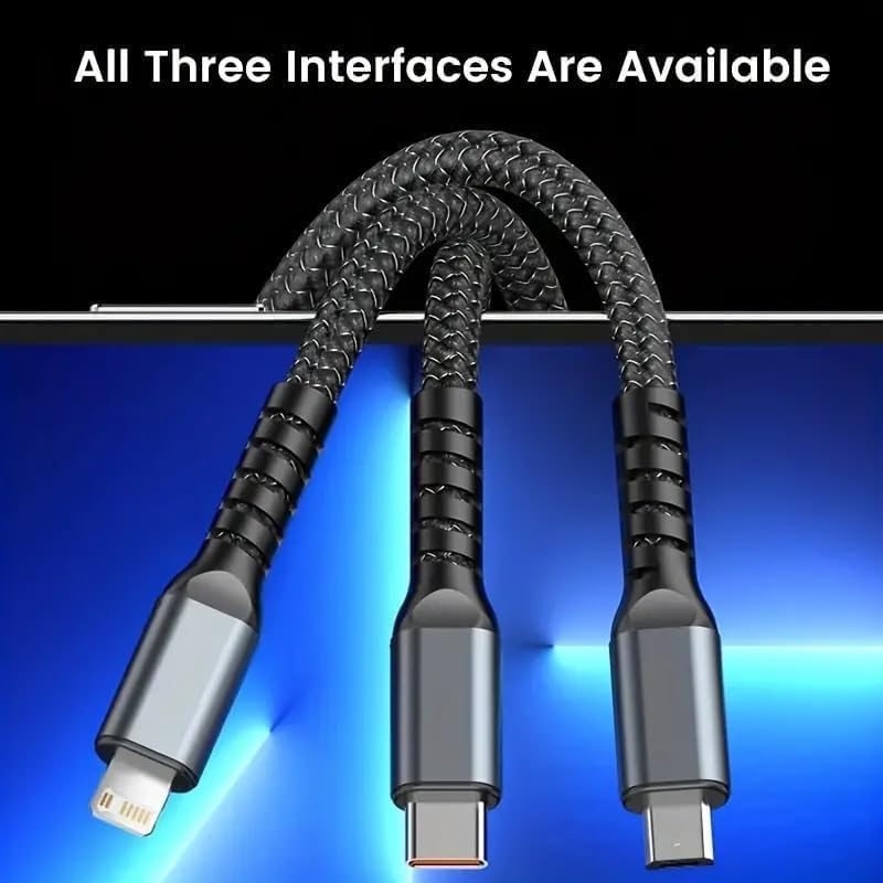 Image of NISHTECH 100W Fast Charging 3.0 USB Cable 4 Ft / 1.2M To 3-In-1 Long Charging Cord With Type C + Micro Usb + Lightning Connector 480 Mbps Data Transfer For Laptop,Tablets,Smartphones & More, Black