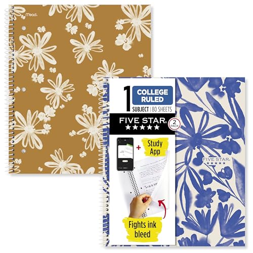 Image of Five Star Spiral Notebook + Study App, 2 Pack, 1 Subject, College Ruled, 8-1 /2 inch x 11 inch, 80 Sheets, Fights Ink Bleed, Water Resistant Cover, Soft Petals (820331F-ECM)