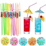 Haundry 24pcs Umbrella Straws, Long Cocktail Umbrella Party Straws, Plastic Drinking Straws for Tropical Summer Beach Luau Tiki Hawaiian Party Decorations, Umbrella