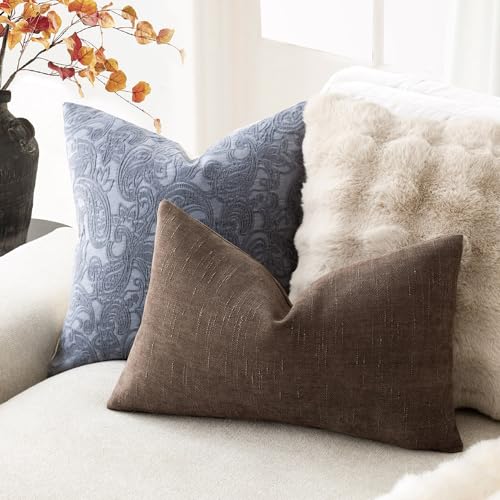 Image of Foindtower Pack of 2 Soft Textured Chenille Throw Decorative Pillow Covers Lumbar Accent Solid Cushion Cover Cozy Neutral Farmhouse Pillow Case for Couch Sofa Bedroom Living Room 12x20 Inch, Chocolate