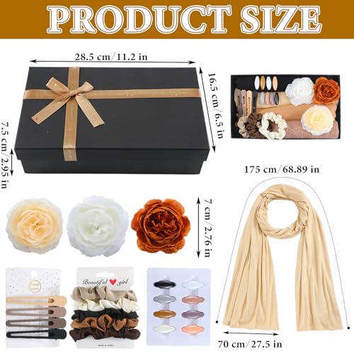 25 Pcs Jersey Hijab Set for Women 4 Pcs Hijab Scarf 3 Bouquet 8 Headscarf Pin 4 Hairpin 5 Hair Scrunchie with 1 Black Gift Box for Women Muslim Hajj Wedding Favors2