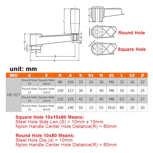 Image of 3.15 inch Nylon Crank Handle Drill Press Revolving Handle with Round or Square Installation Hole Smooth 360 Degree Operation for Industry Lathe Milling Grinding Machine (Square Hole 10x10x80)