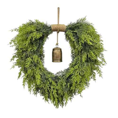 20 Heart-Shaped Wreath for Front Door Faux Greenery with Rustic Bell Waterproof & Fade-Resistant Christmas Decor for Porch Holiday Wall or Indoor Use