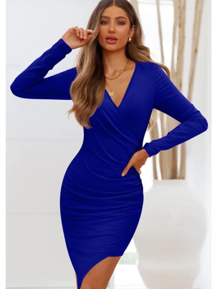 ZileZile Women's Sexy Bodycon Long Sleeve Ruched Deep V Neck Wrap Club Mini Dress