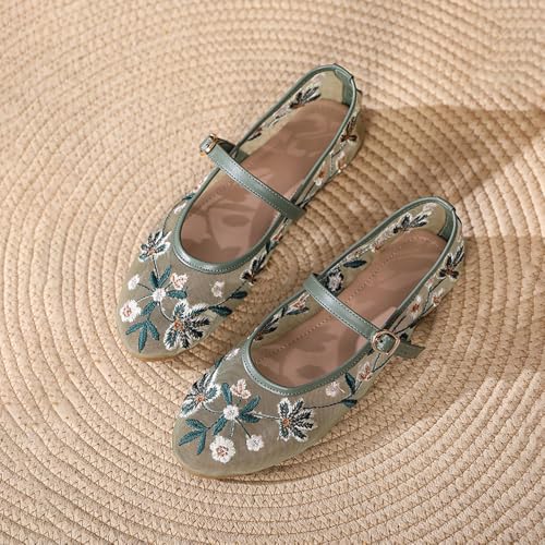 Embroidered Mesh Ballet Flats Shoes for Women Dressy Round Toe Summer Casual Mary Janes Floral Ballerina Flats with Strap3