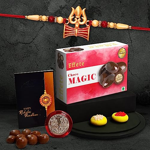 Image of DeoDap Multicolor Trishul Rakhi Bracelet Magic 32gm with Choco Magic 32gm, Silver Pooja Coin, Tilak Set, Greeting Card - Rakhi Gift for Brother