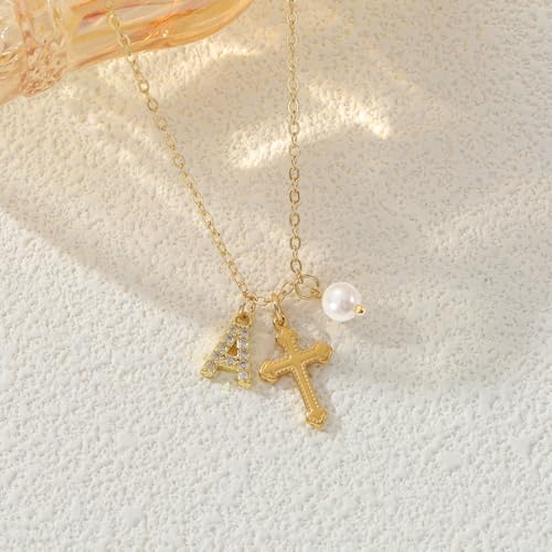 Initial A-Z Pearl Cross Necklace for Girls Teen,First Communion Baptism Confirmation Birthday Gifts for Her Goddaughter2