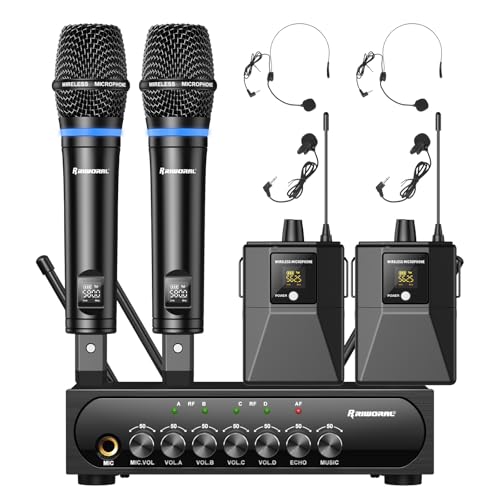 Riworal 4 Channel Uhf Wireless Mic Set With Handheld/Bodypack/Headset/Lapel Mics With Bluetooth Receiver Box + Volume Control Echo For Karaoke Pa Dj Party (Wireless Microphone System)