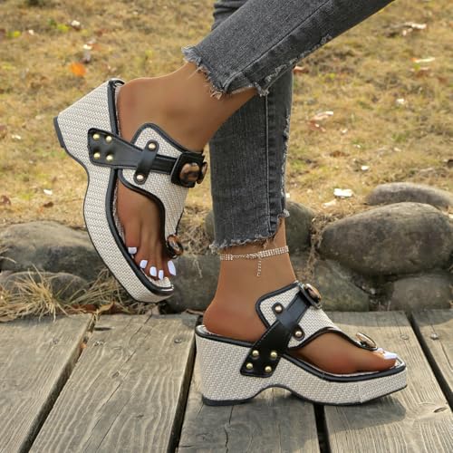 large-sized Women's summer flip-flops with wedge heels and fashionable thick heels paired with metal buttons, outdoor daily slippers for the beach4