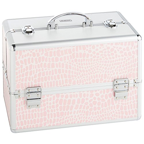 Beautify Large Cosmetic Organizer Case - 14" Professional Aluminum Makeup Storage Box (Blush Pink Crocodile Animal Print Beauty Train Case with Lock)