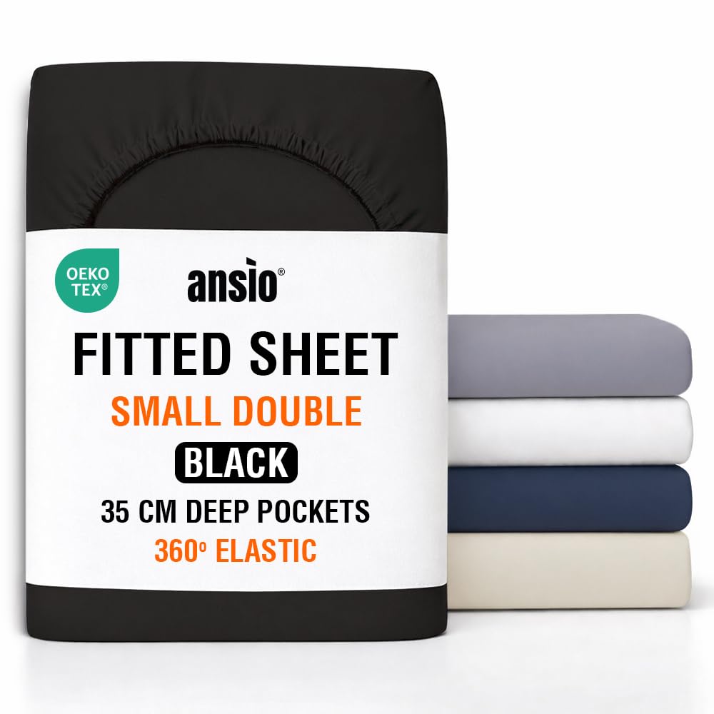 ANSIO® Small Double Fitted Sheet Soft Brushed Microfibre Fabric – Extra Deep Pocket 35cm – All-Around Elastic – OEKO-TEX Certified – Easy Care & Naturally Smooth After Wash - Black