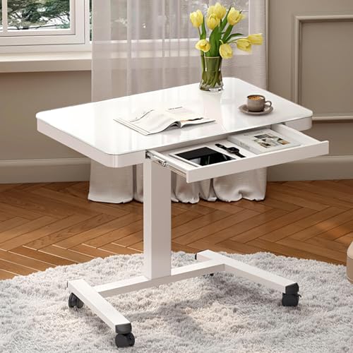 引き出し付きガラス製スタンディングデスク、ベッドサイドテーブル キャスター付き、キャスター付きポータブルノートパソコンカート、高さ調節可能なワークステーション(収納付き)、ホームオフィス用、ホワイト