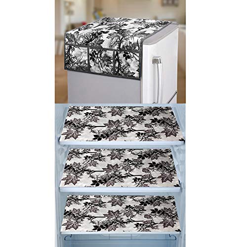 Image of Polyester 3-Layered Fridge Top Cover /Refrigerator Cover With Utility Pockets and Set of 3 Pc Fridge Mats (Color-Black, Size- 39x21 Inches)