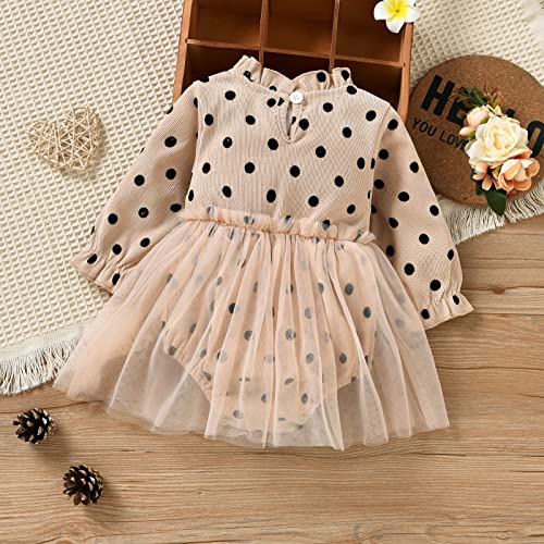 Newborn Baby Girls Tutu Romper Dress Clothes Ruffle Neck Tulle Patchwork Long Sleeve Polka Dot Bodysuit Dress For Infant (Beige Dot, 12-18 Months) #TOP5