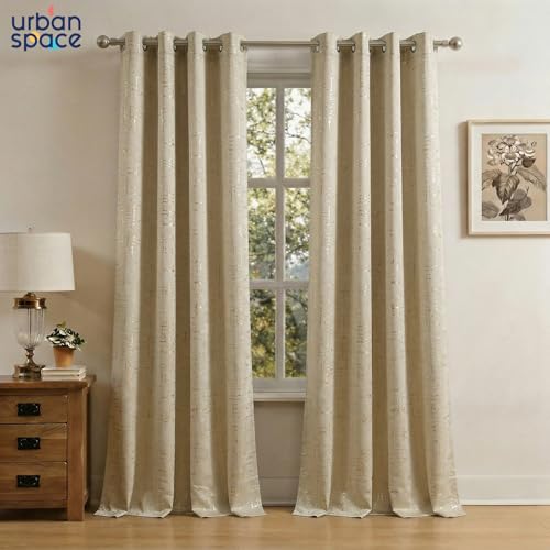 Image of Urban Space 80-85% True Blackout Curtains for Door, Gold Foil Printed Blackout Curtains, Blackout Decorative Door Curtain Eyelet with Tieback, 1 Piece Curtain for Living Room(Sparkle Beige, 8 Feet)