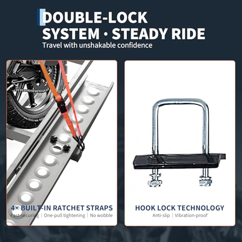 Motorcycle Carrier Ultra-Duty 600LB Motorcycle Hitch Carrier Rack | Plataforma arqueada y sistema anti-vibración para transporte profesional de motos de cross, rampa antideslizante y estabilización de conexión rápida miniatura 3