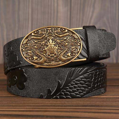 Men's Leather Dragon Print Ratchet Dress Belt - Adjustable Auto Buckle With Engraved Double Dragons4