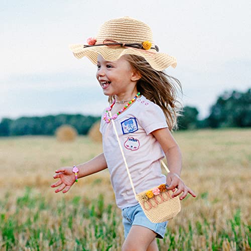 MAMUNU Strohhut und Kleine Tasche Set, Sommer Sonnenhut Mädchen Kinder, Kinderstrohhut mit Blumendekoration für den Tourismus Urlaub Reise Strand Outdoor-Aktivitäten