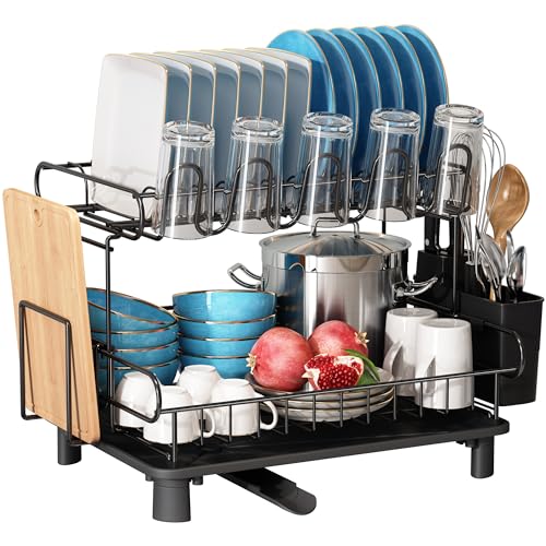 MAJALiS Dish Drying Rack fwith Drain Board, 2 Tier Stainless Steel Dish Racks for Kitchen Counter, Dish Drainer with Utensil Holder and Cutting Board Holder(Black) by MAJALiS - Used condition - CA$22.85