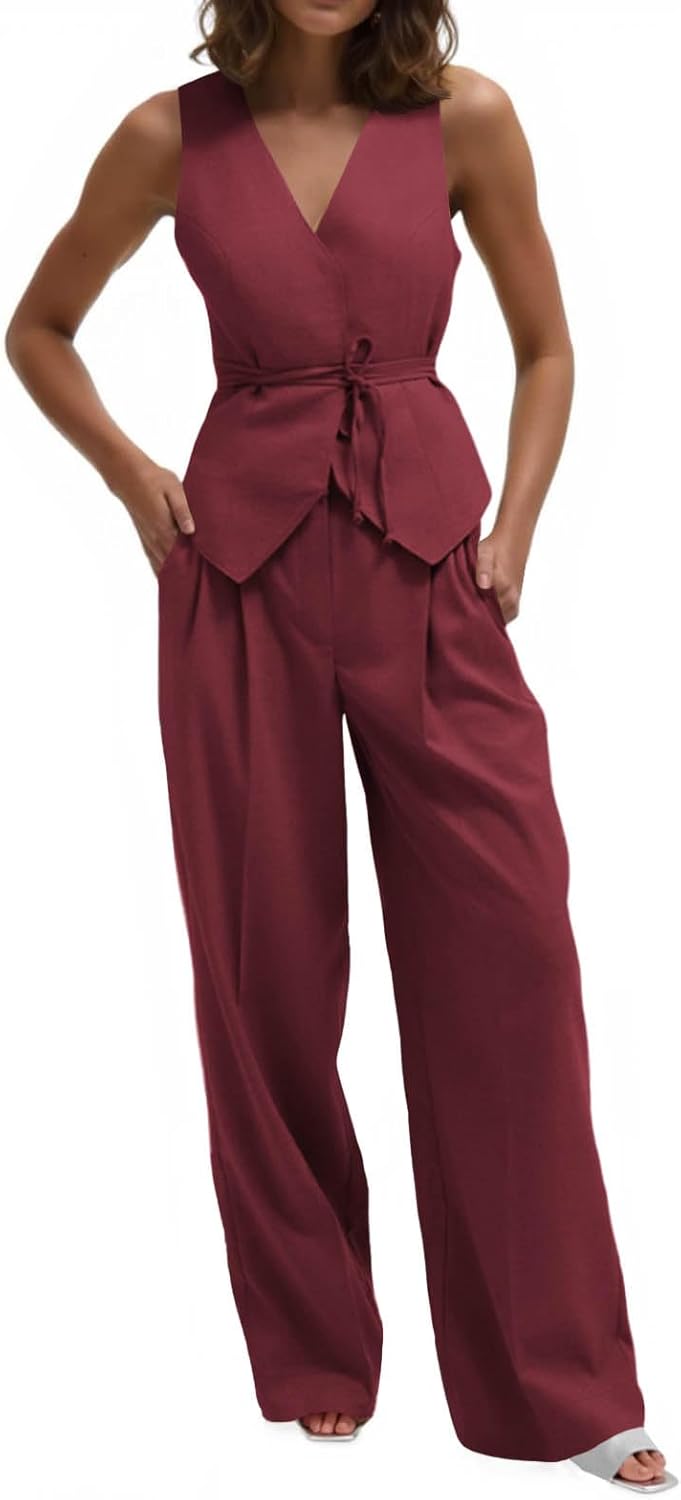 Cicy Bell Womens 2 Piece Outfits V Neck Tie Waist Blazer Vest and Wide Leg Business Casual Suit Pants Sets