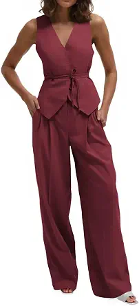 Cicy Bell Women's Two-Piece V-Neck Blazer Vest and Wide-Leg Pants Set