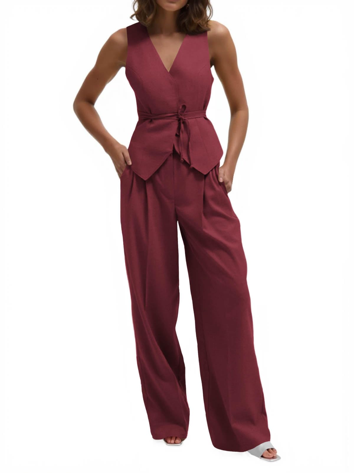 cicy bell Womens 2 Piece Outfits V Neck Tie Waist Blazer Vest and Wide Leg Business Casual Suit Pants Sets-picture-36