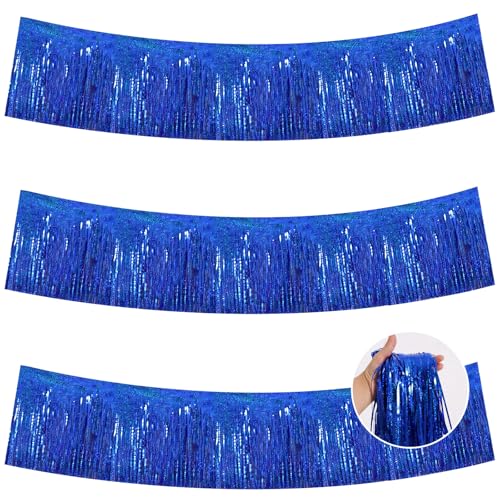 Image of BEISHIDA 3 Packs Metallic Foil Fringe Garland Laser Blue Wall Hanging Tinsel Fringe Banners for Car Floats Bridal Shower Wedding Birthday Easter Graduation Holiday Party Decoration(30 Feet)