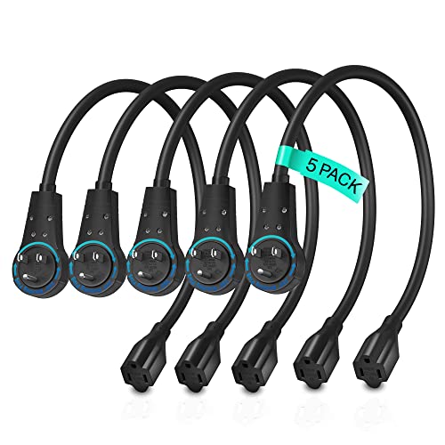 Maximm Cable 6-Inch (0.5 Foot) 360° Rotating Flat Plug Extension Cord / Wire, 3 Prong Grounded Wire - 5 Pack - Black