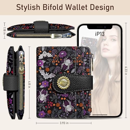 Image of Kelvoris Goth Gothic Bats Spiders Web Small Rfid Women Wallet Bifold Zipper Coin Pocket PU Leather Compact Cash Credit Card Holder Travel Wallet for Female Ladies Teen Girls 1 ID Window 10 Card Slots