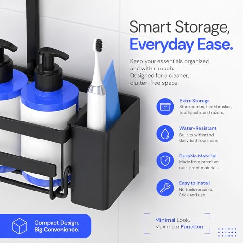 Image of amazon basics Hanging Shower Caddy for Bathroom | Bathroom Organiser Without Drill | Bathroom Accessories Storage Organizer