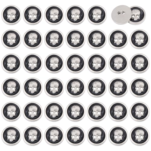 CHGCRAFT 40 Pcs 2 Holes Flat Round Skull Buttons Skull Shape Buttons Skeleton Head Button Decorative Alloy Skull Button for Suits Blouses Skirts Coat Uniform Jacket Sewing Craft, Platinum