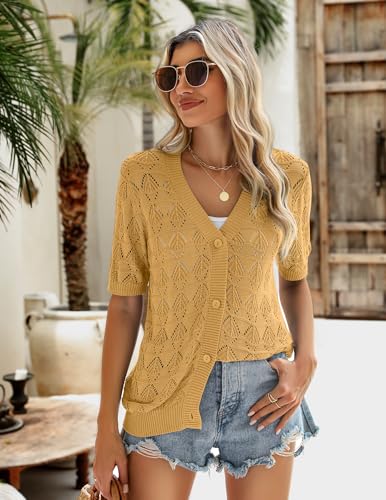 Image of Zeagoo Women's Short Sleeve 2026 Summer Crochet Cropped Cardigan V Neck Button up Bolero Shrug Sweater