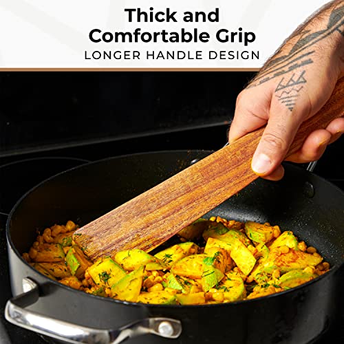 Wooden Spatula for Cast Iron - Set of 2 Non-Scratch, Non-Stick 12″ Small Wood Flipper, Egg Scraper, Flat Turner. Spatulas For Cooking Eggs, Flipping Burgers, Pancakes. Teak Wooden Kitchen Utensils Set