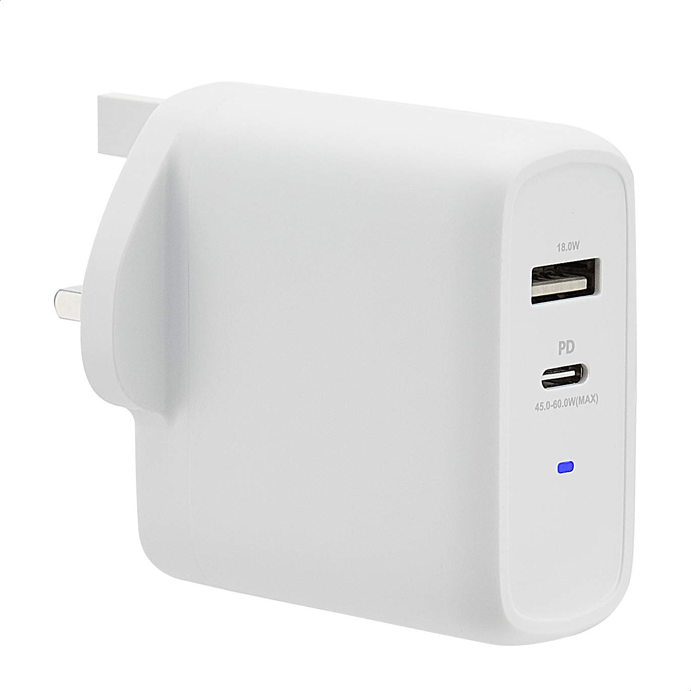 Amazon Basics 63W Two-Port GaN Wall Charger with 1 USB-C (45W) and 1 USB-A Port (18W) for Laptops, Tablets and Phones with Power Delivery - White (non-PPS)