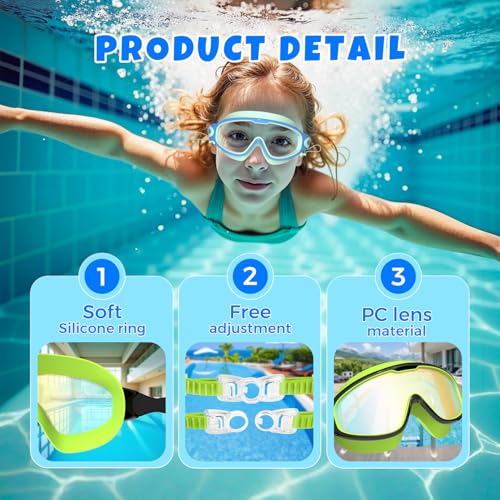 YLKJSWIM Swim Goggles for kids 3-15 with Earplugs Large Frame Anti-Fog/UV No Leaking Pool Water Swimming Goggles for Boys Girls Youth Toddler (2pcs) - Thumbnail 5
