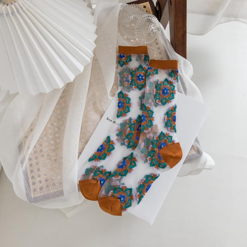 Image of Starella Womens Summer Sheer Socks Mesh Cute Floral Dress Sock Transparent Nylon See Through Stockings 3 Pairs Floral /Vintage