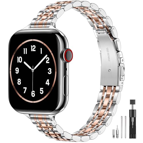 Lerobo Slim Metal Band Compatible with Apple Watch Bands Women 40mm 38mm 41mm 42mm 44mm 45mm 46mm,Two Tone Elegant Stainless Steel Strap for iWatch Series 12 11 10 9 8 7 6 5 4 3 2 SE,Silver Rose Gold
