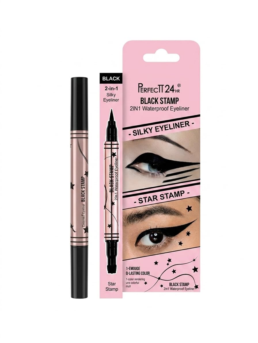 PerfecTT 24HR Black Stamp 2-in-1 Waterproof Eyeliner with Silky Liner and Star Stamp, Black
