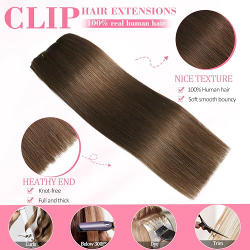 Image of Clip in Hair Extensions Real Human Hair, Human hair Clip ins Extensions | Seamless Invisible Human Hair Extensions Clip ins Straight 8Pcs Double Weft Tangle Free, No Shedding Chocolate Brown 18 inch 100g