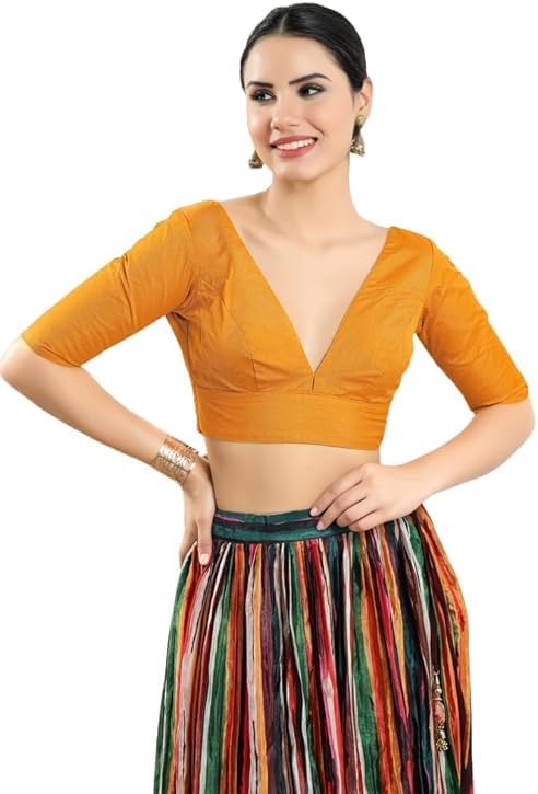 Dupion Silk Solid Non Padded Saree Blouse Top V-Neck Short Sleeves Hook and Eye Closure and Tie-Up Back Choli