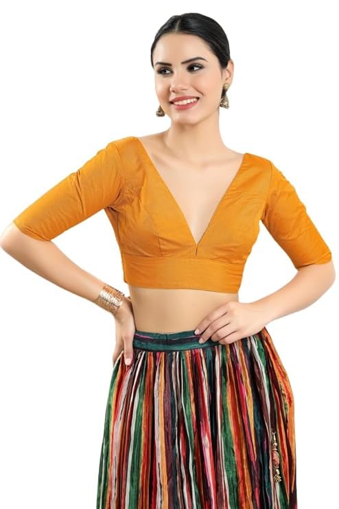 Image of Dupion Silk Solid Non Padded Saree Blouse Top V-Neck Short Sleeves Hook and Eye Closure and Tie-Up Back Choli