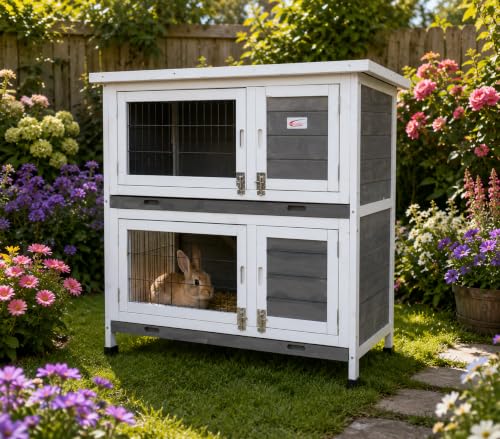BUNNY BUSINESS Rabbit Guinea Pig Outdoor Hutch Double Decker Rabbit Hutches on legs (Grey)